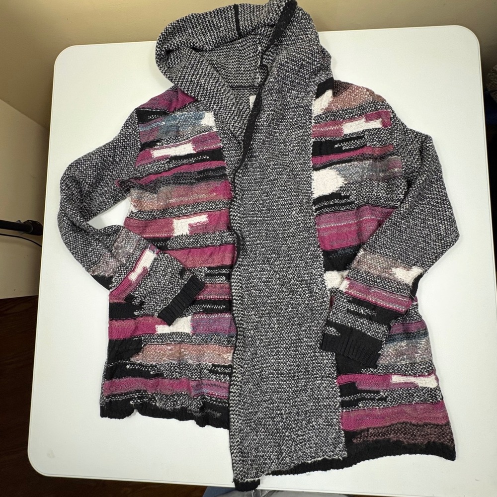 NIC+ZOE Patchwork Knit Hooded Cardigan Sweater Women Size‎ M
